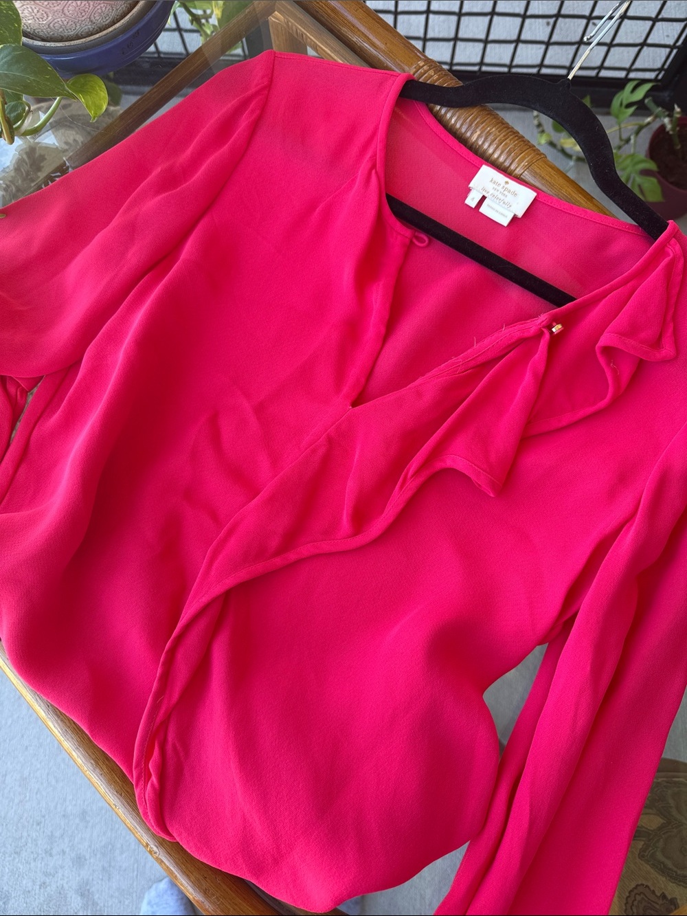kate spade Bright Red V-Neck Long Sleeve Blouse with Front Tie